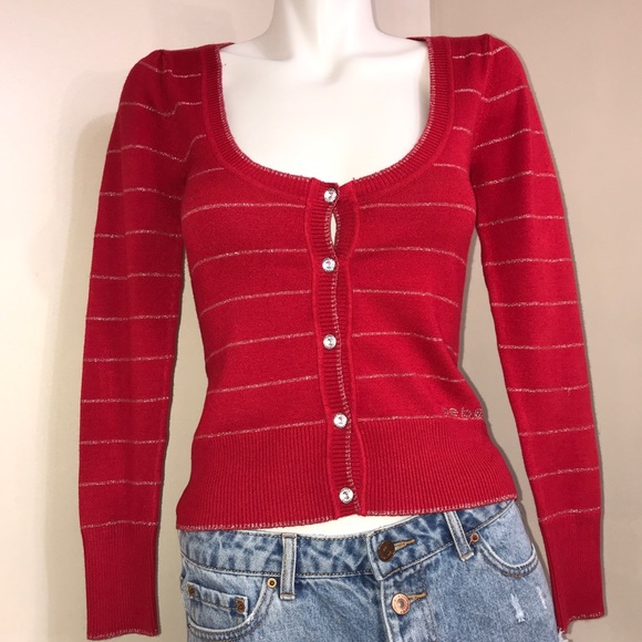 BEBE Metallic Ruby Red Crystal Button DownCardigan - Picture 2 of 16